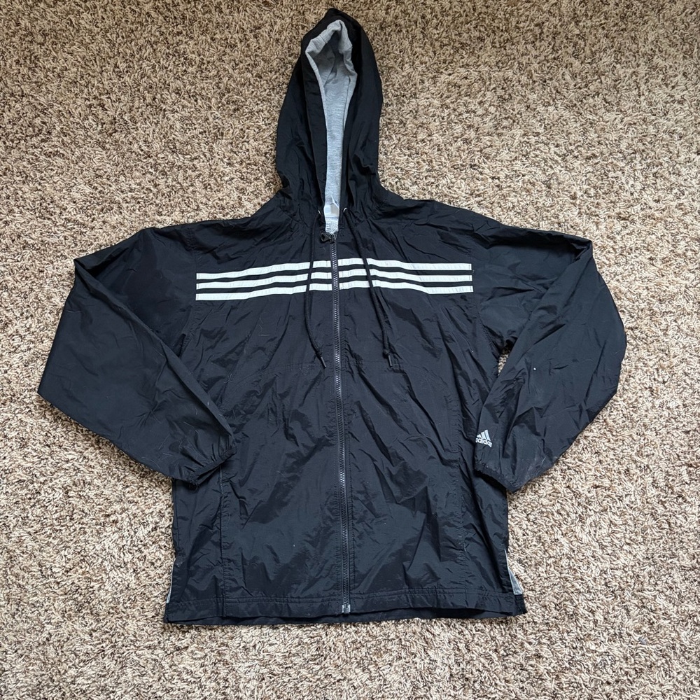 Adidas Womens Small Black with 3 White Stripes Full Zip Hooded Windbreaker